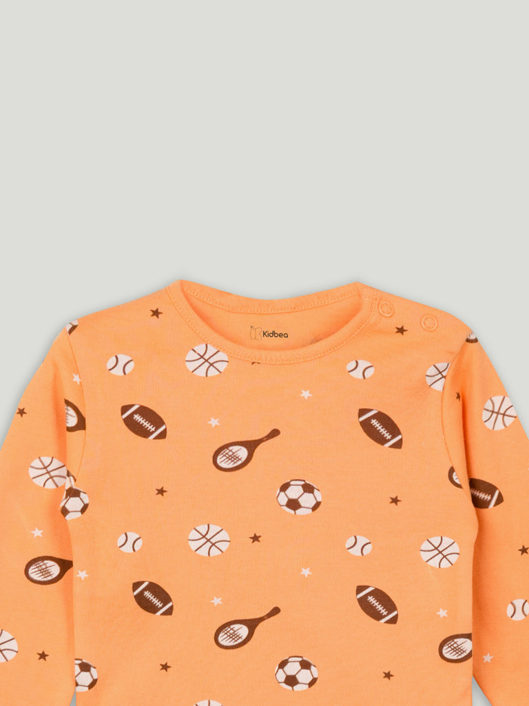 Organic Cotton Unisex Baby Co-ord Set – Soft Breathable Orange Sports Print Full Sleeve T-shirt & Pyjama  for Infants