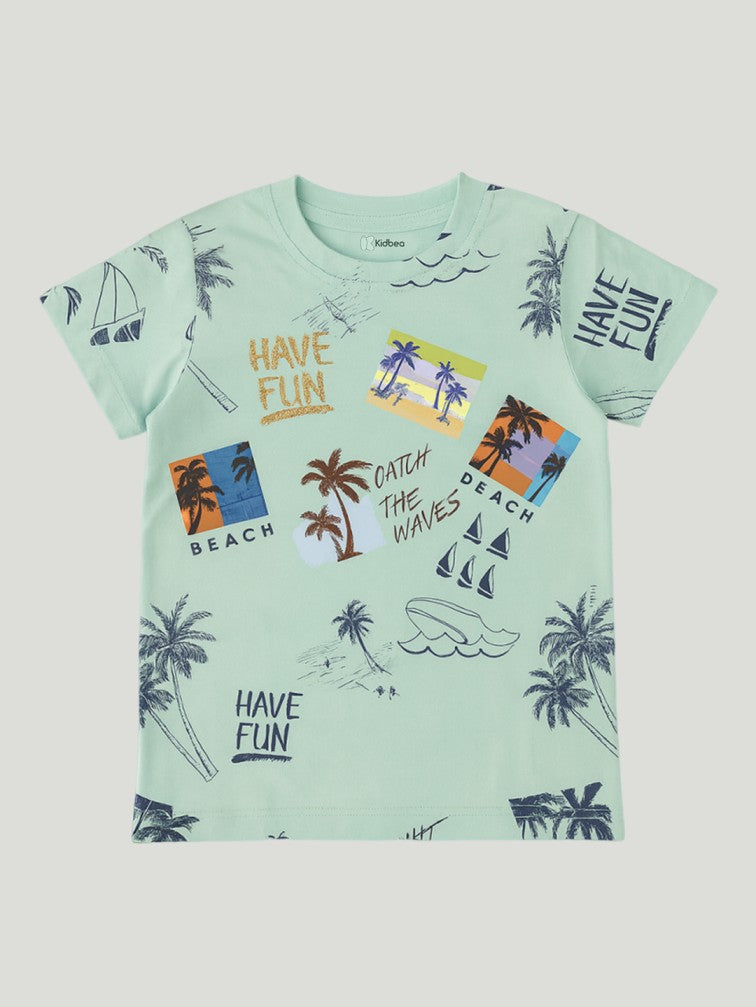 Kidbea Boys Beach Theme Co-Ord Set | Summer Cotton T-Shirt and Shorts for Boys | Cyan