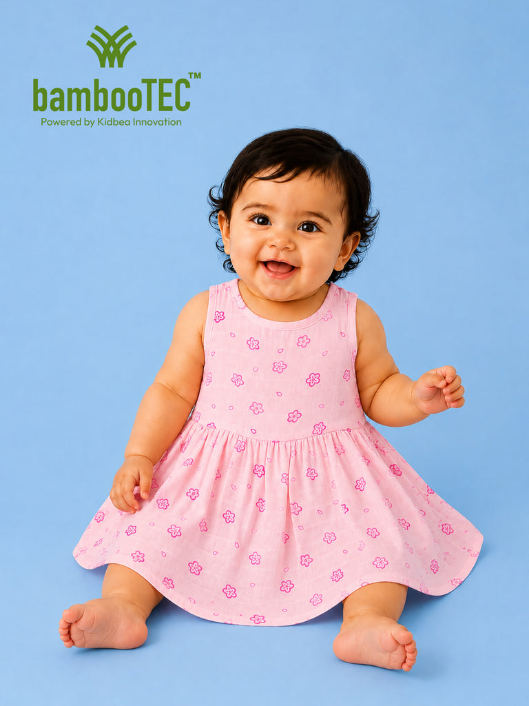 BambooTEC™ Bamboo Muslin Baby Frock – Pink Floral Print, Soft & Breathable Dress