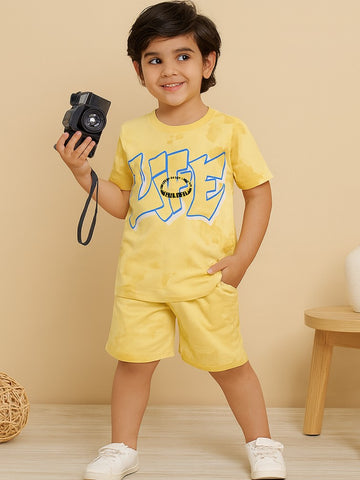 Kidbea Boys Tie-Dye Co-Ord Set | Summer Cotton T-Shirt and Shorts for Kids | Yellow