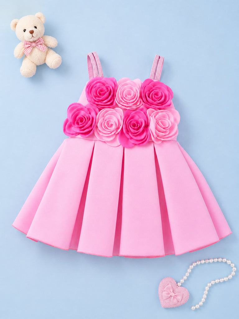 Girls Pink Partywear Frock – 3D Rose Flower Flared Dress
