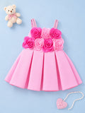 Girls Pink Partywear Frock – 3D Rose Flower Flared Dress