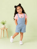 Girls Cotton Denim Dungaree Shorts with Pink T-Shirt Co-ord Set - Light Blue