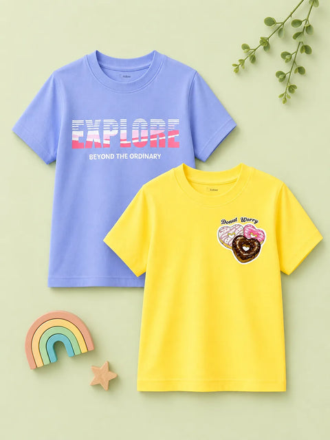 Bamboo Fabric Girls Half Sleeve T-Shirt Pack of 2 – Explore & Donut Graphic Print Soft Summer Tee Set