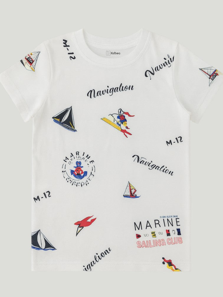 Kidbea Boys Nautical Theme Summer Co-Ord Set | Cotton T-Shirt and Shorts for Kids | White
