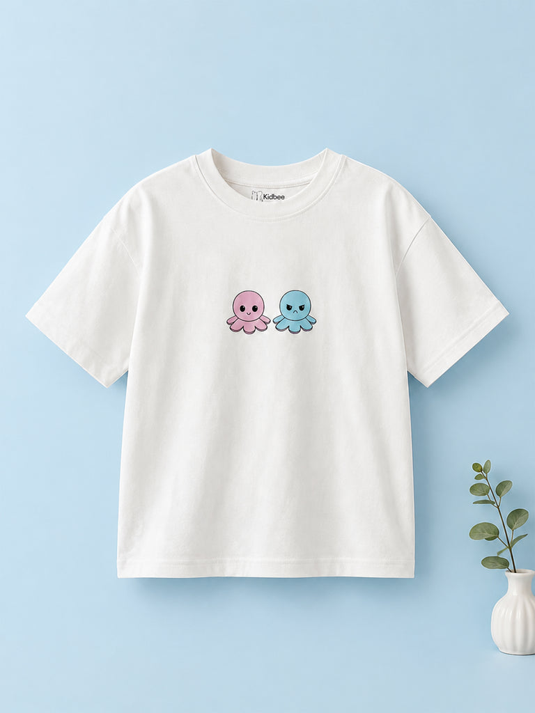 Organic Cotton White Round Neck Octopus Print Half Sleeve T-Shirt for Kids | Unisex