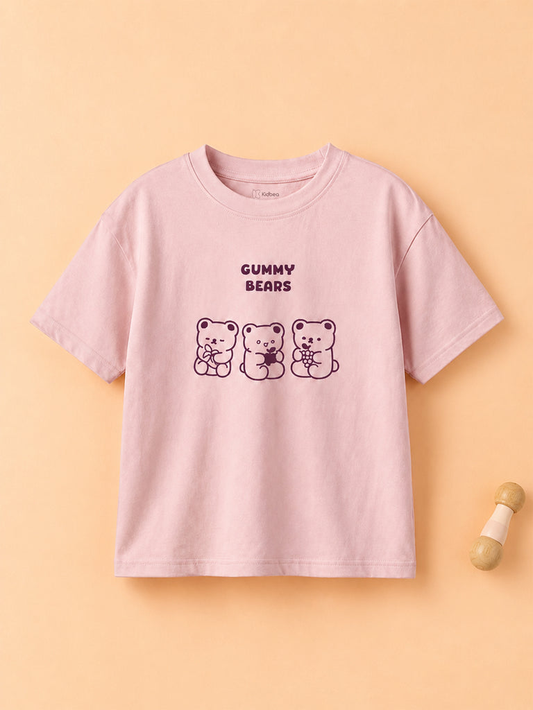 Girls Light Organic Cotton Pink Gummy Bears Round Neck T-Shirt