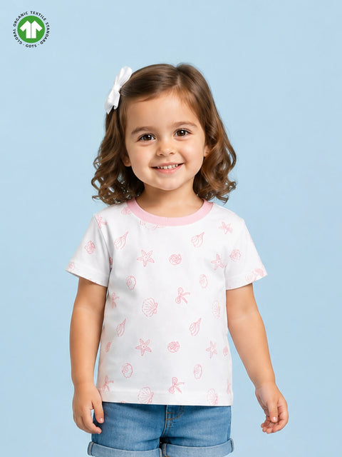 Girls White Organic Cotton Round Neck Sea Shell Print T-Shirt