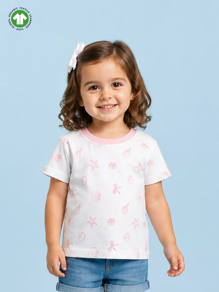 Girls White Organic Cotton Round Neck Sea Shell Print T-Shirt