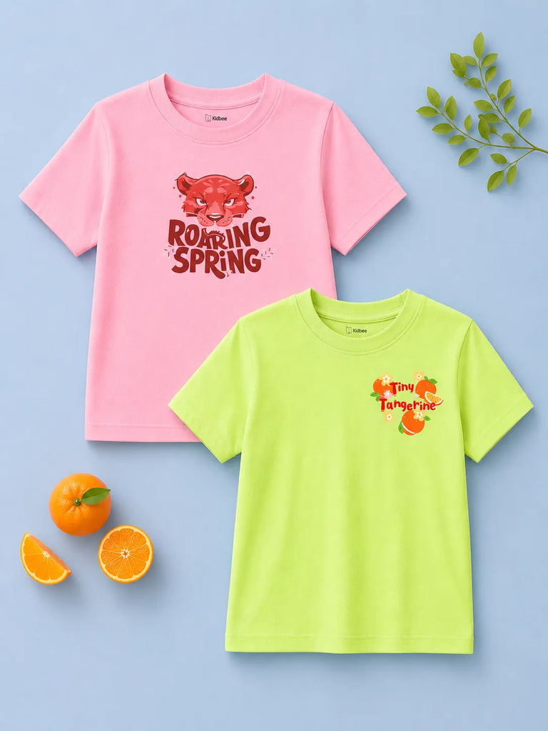 Bamboo Fabric Girls Half Sleeve T-Shirt Pack of 2 – Roaring Spring & Tangerine Graphic Print Soft Summer Tee Set