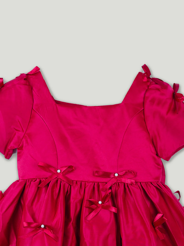 Baby Girl Party Dress – Red Satin Bow Dress with Pearl Detail & Flared Skirt for Kids