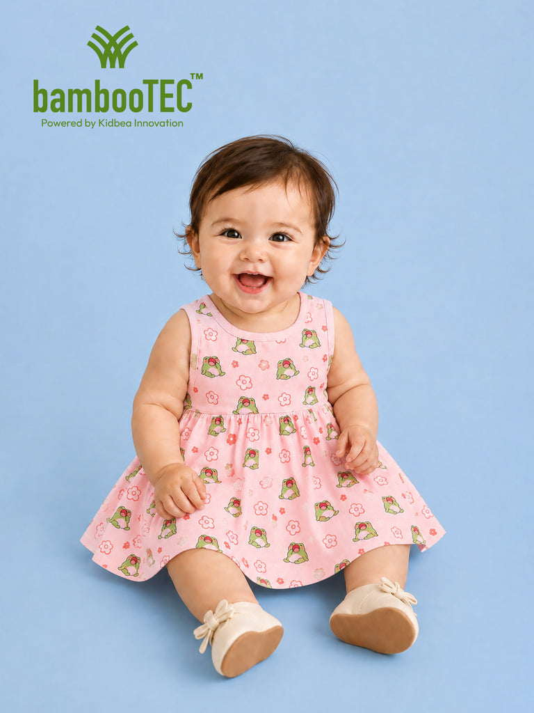 BambooTEC™ Bamboo Muslin Baby Frock – Frog & Floral Print, Soft & Breathable Dress