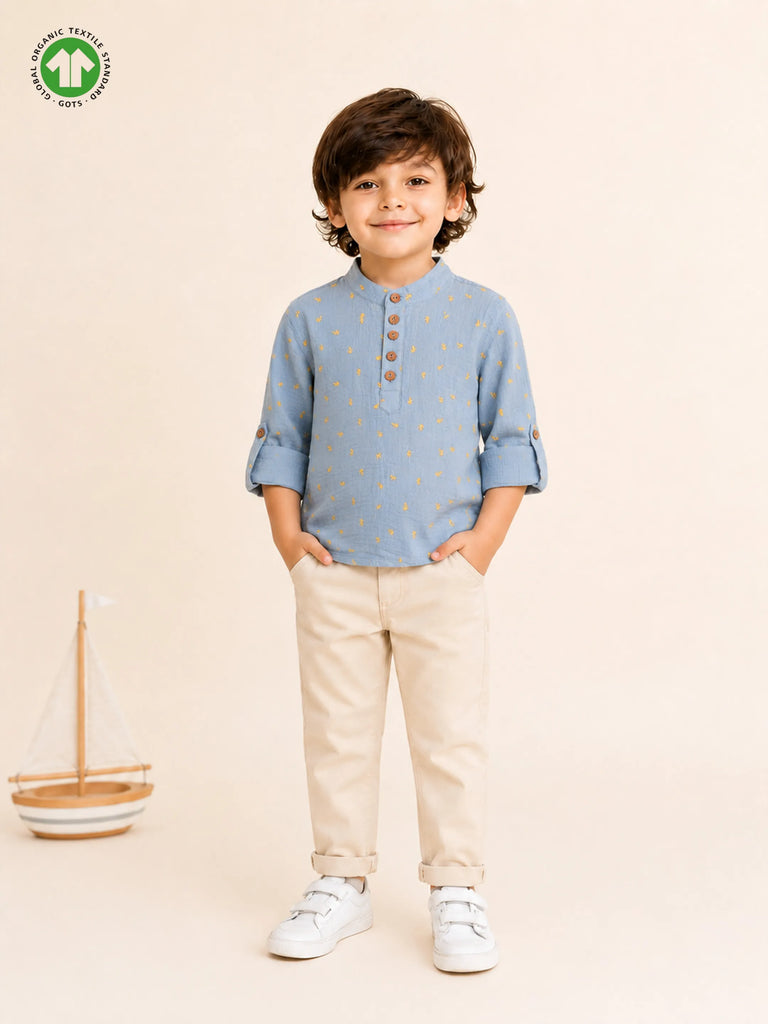 Organic Cotton Boys Mandarin Collar Full Sleeve Shirt - Sky Blue