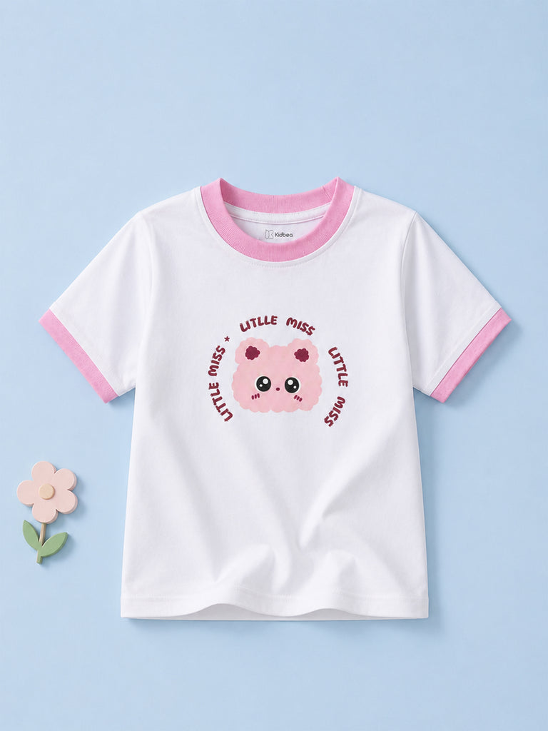 Girls White Organic Cotton Round Neck Little Miss Graphic T-Shirt
