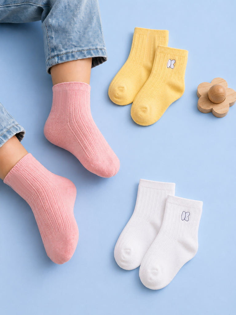 Bamboo Fabric Kids Ribbed Crew Socks Combo Pack – Pink, White & Yellow (Pack of 3)