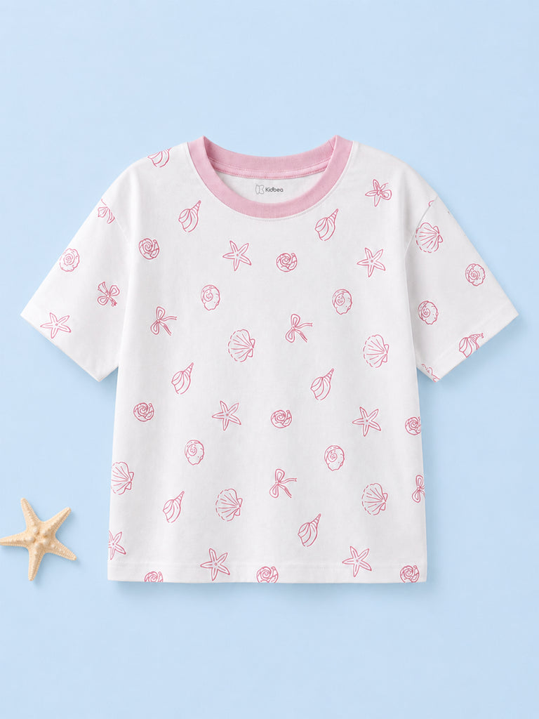Girls White Organic Cotton Round Neck Tiny Floral Print T-Shirt