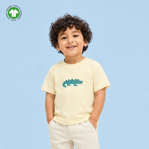 Organic Cotton Cream Crocodile Print Oversized Round Neck Half Sleeve T-Shirt | Unisex