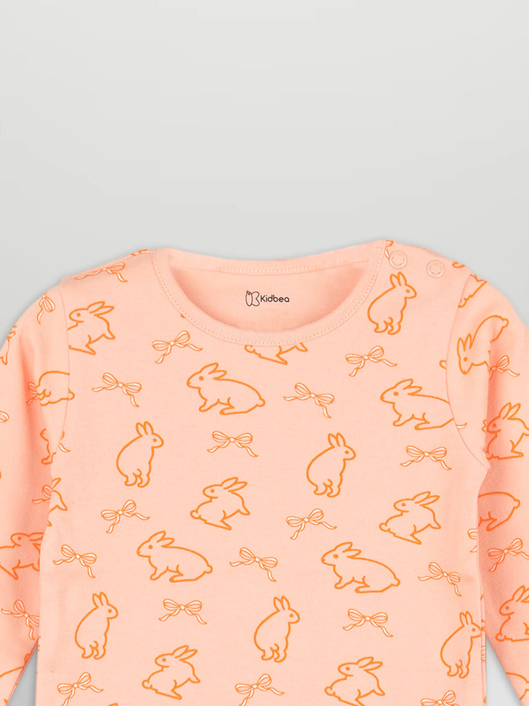 Organic Cotton Unisex Baby Co-ord Set – Soft Breathable Peach Bunny Print Full Sleeve T-Shirt & Pyjama Set for Infants