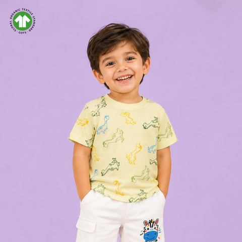 Boys Organic Cotton Yellow Round Neck All-Over Dinosaur Print T-Shirt