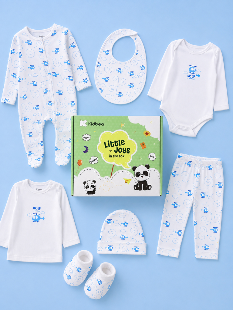 Organic Cotton Baby Gift Set Pack of 7 – Helicopter Print Clothing & Accessories Set