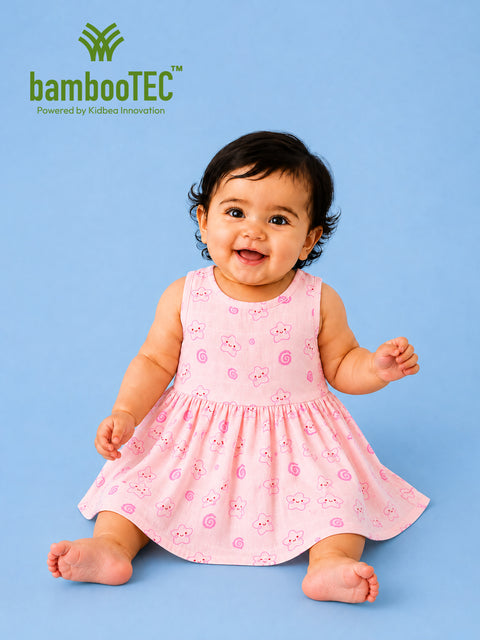 BambooTEC™ Bamboo Muslin Baby Frock – Kawaii Flower & Swirl Print, Soft & Breathable Dress