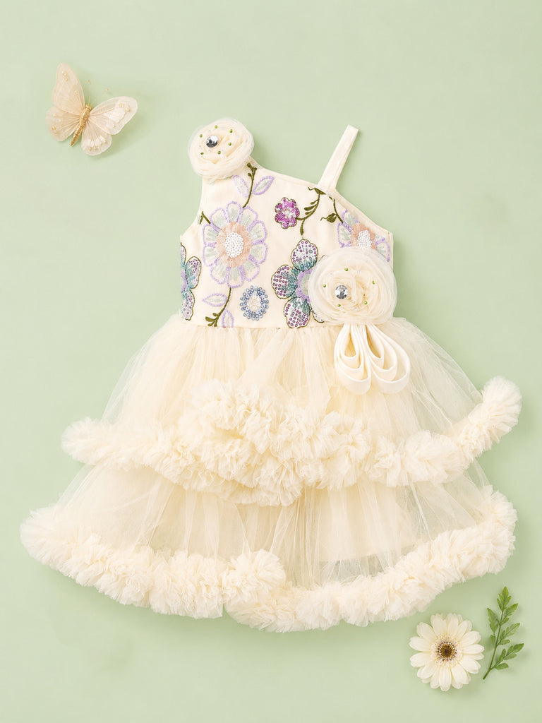 Girls Cream Partywear Frock – Floral Embroidered & Layered Tulle Dress