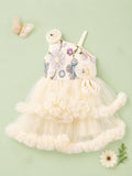 Girls Cream Partywear Frock – Floral Embroidered & Layered Tulle Dress