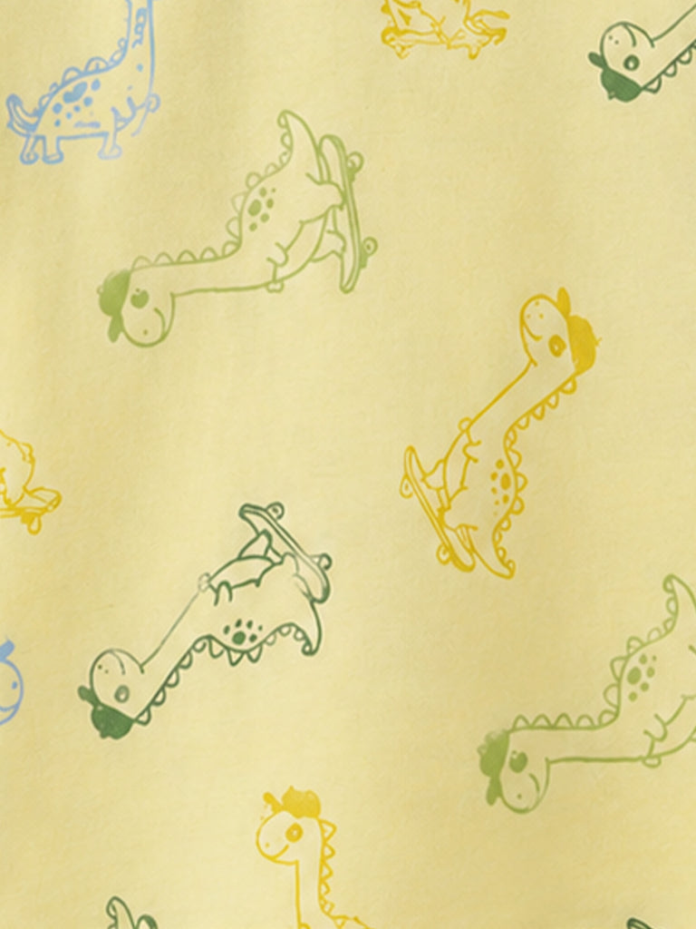 Boys Organic Cotton Yellow Round Neck All-Over Dinosaur Print T-Shirt