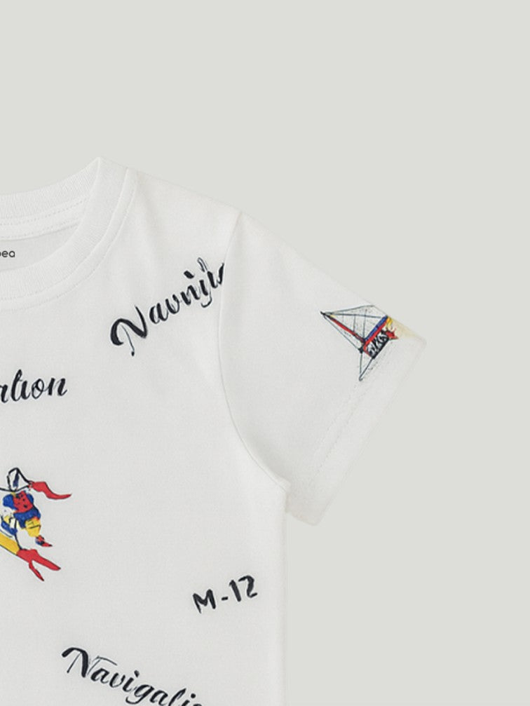 Kidbea Boys Nautical Theme Summer Co-Ord Set | Cotton T-Shirt and Shorts for Kids | White