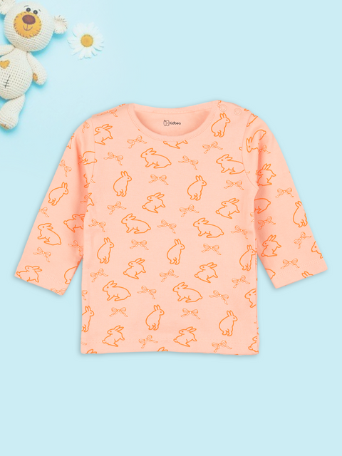 Organic Cotton Unisex Baby Co-ord Set – Soft Breathable Peach Bunny Print Full Sleeve T-Shirt & Pyjama Set for Infants