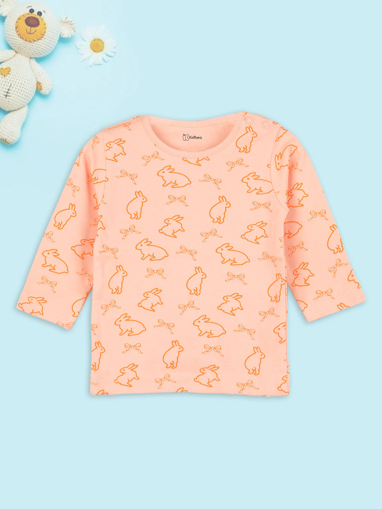 Organic Cotton Unisex Baby Co-ord Set – Soft Breathable Peach Bunny Print Full Sleeve T-Shirt & Pyjama Set for Infants