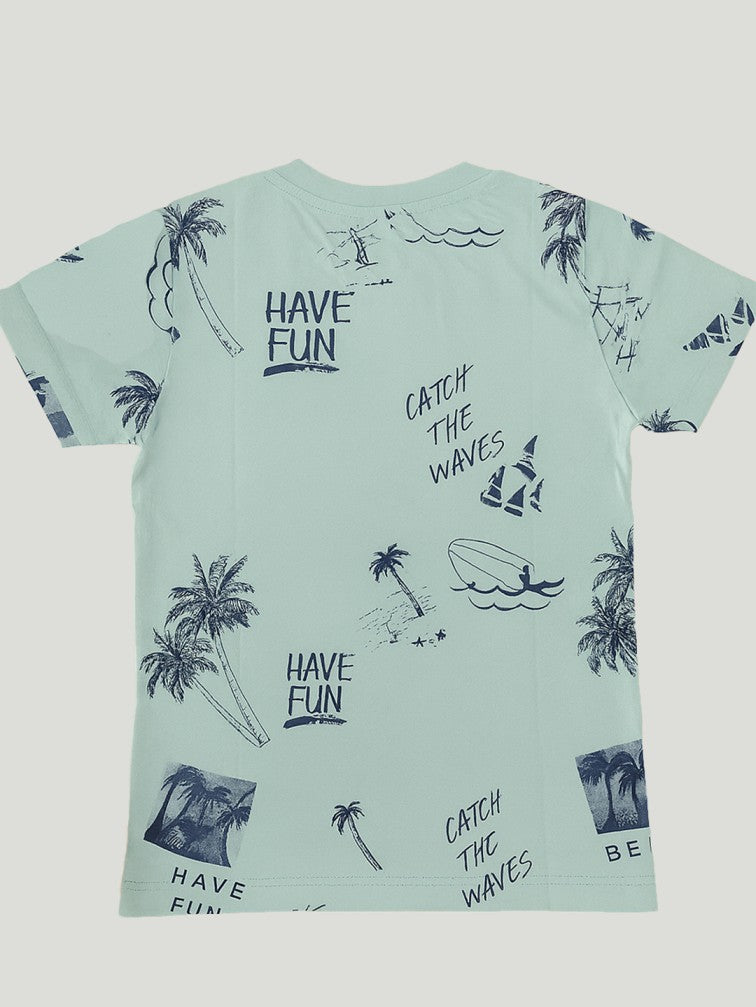 Kidbea Boys Beach Theme Co-Ord Set | Summer Cotton T-Shirt and Shorts for Boys | Cyan