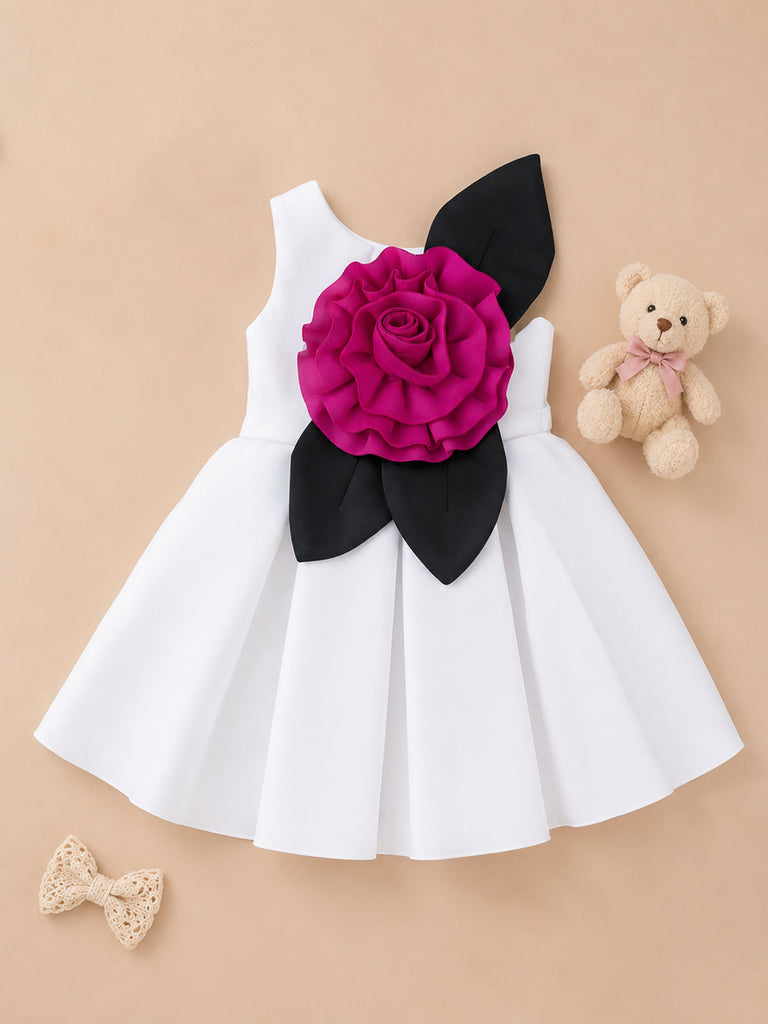 Girls White Partywear Frock – 3D Rose Flower & Leaf Design Dress
