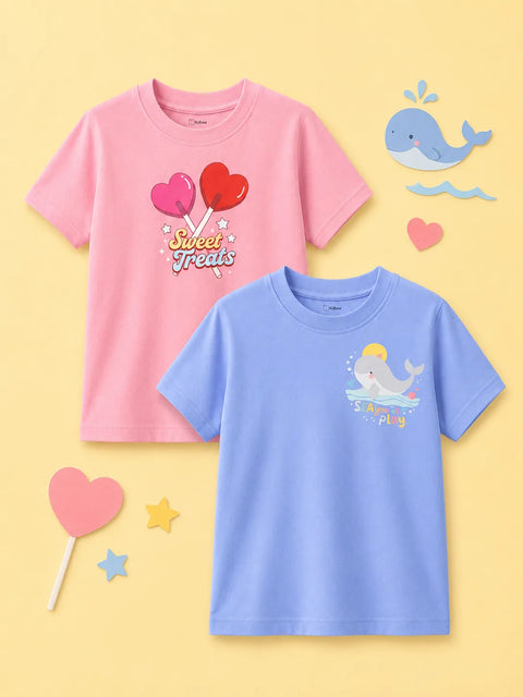 Bamboo Fabric Girls Half Sleeve T-Shirt Pack of 2 – Sweet Treats & Whale Graphic Print Soft Summer Tee Set