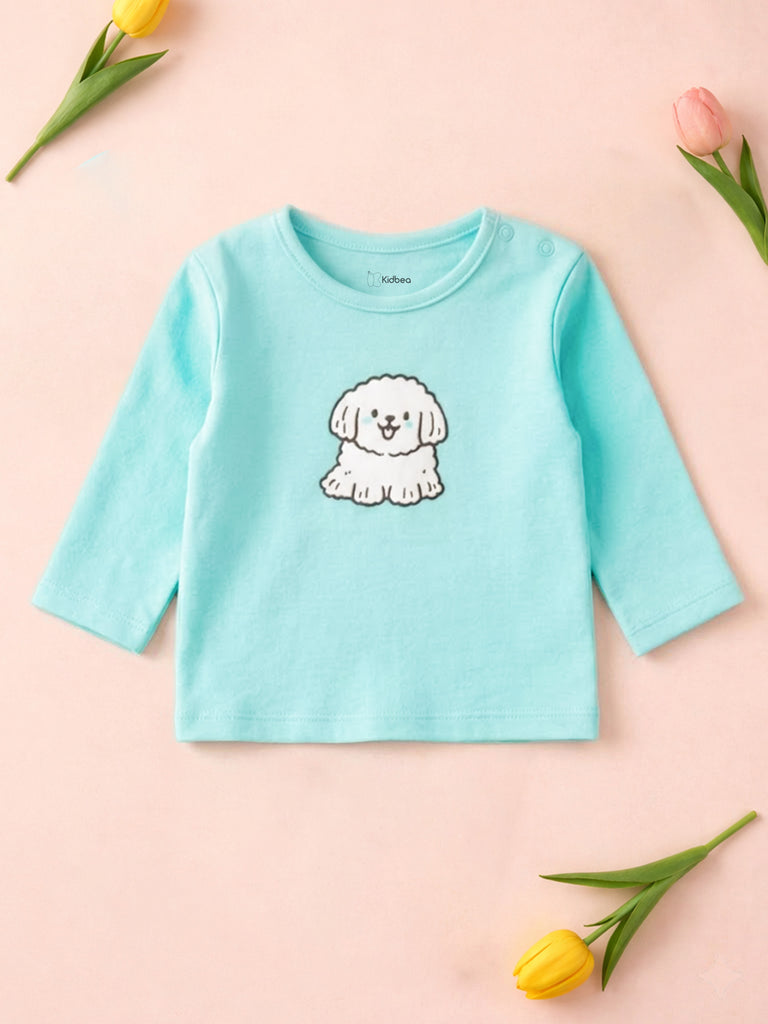 Organic Cotton Unisex Baby Co-ord Set – Soft Breathable Aqua Blue Dog Print Full Sleeve T-shirt & Pyjama for Infants