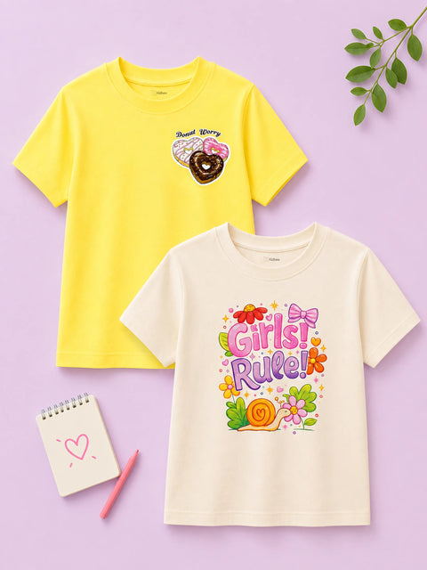 Bamboo Fabric Girls Half Sleeve T-Shirt Pack of 2 – Girls Rule & Donut Graphic Print Soft Summer Tee Set