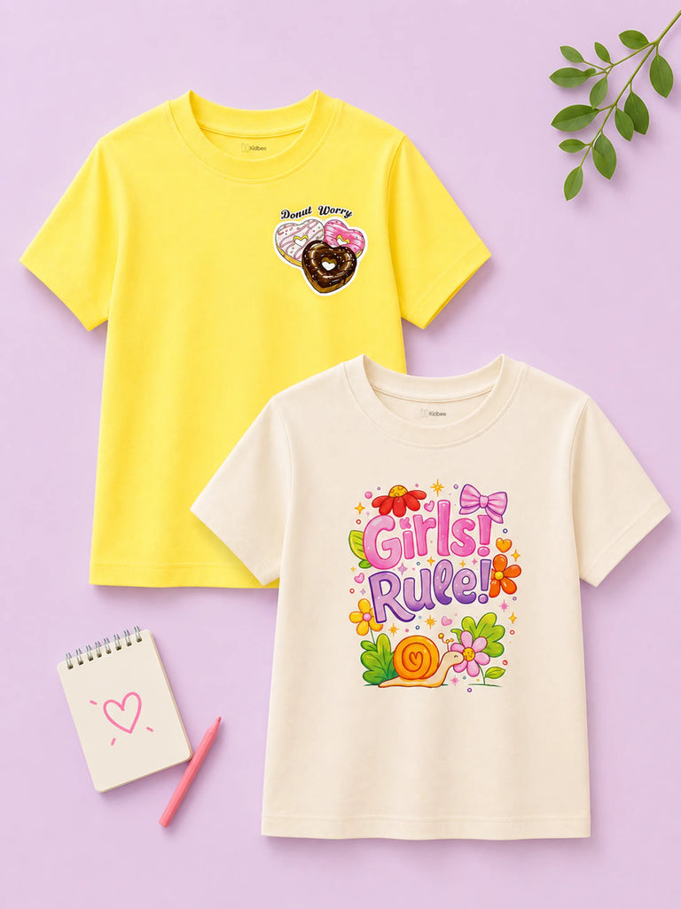 Bamboo Fabric Girls Half Sleeve T-Shirt Pack of 2 – Girls Rule & Donut Graphic Print Soft Summer Tee Set