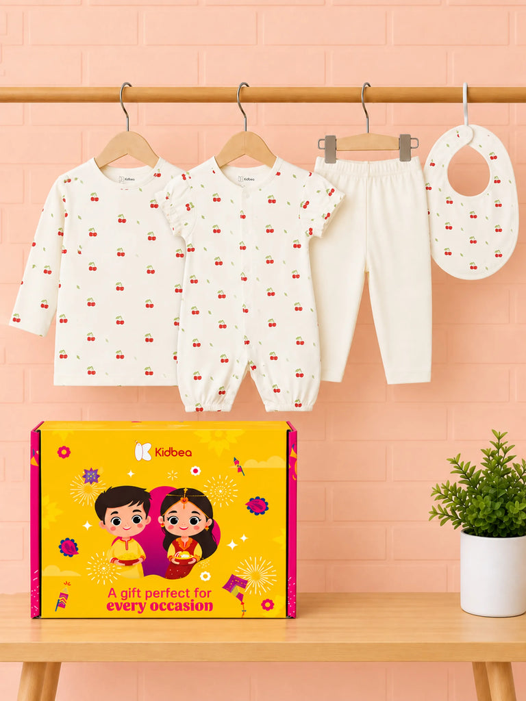 Organic Cotton Baby Gift Set – Cherry Print T-Shirt, Pyjama, Half Romper & Bib for 0–18 Months (4 Piece Set)