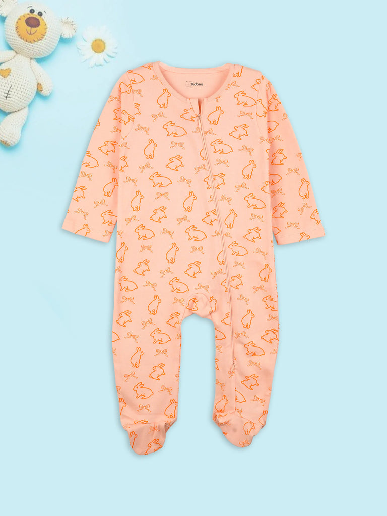 Organic Cotton Baby Romper – Soft Breathable Bunny Print Full Sleeve Zip Sleepsuit