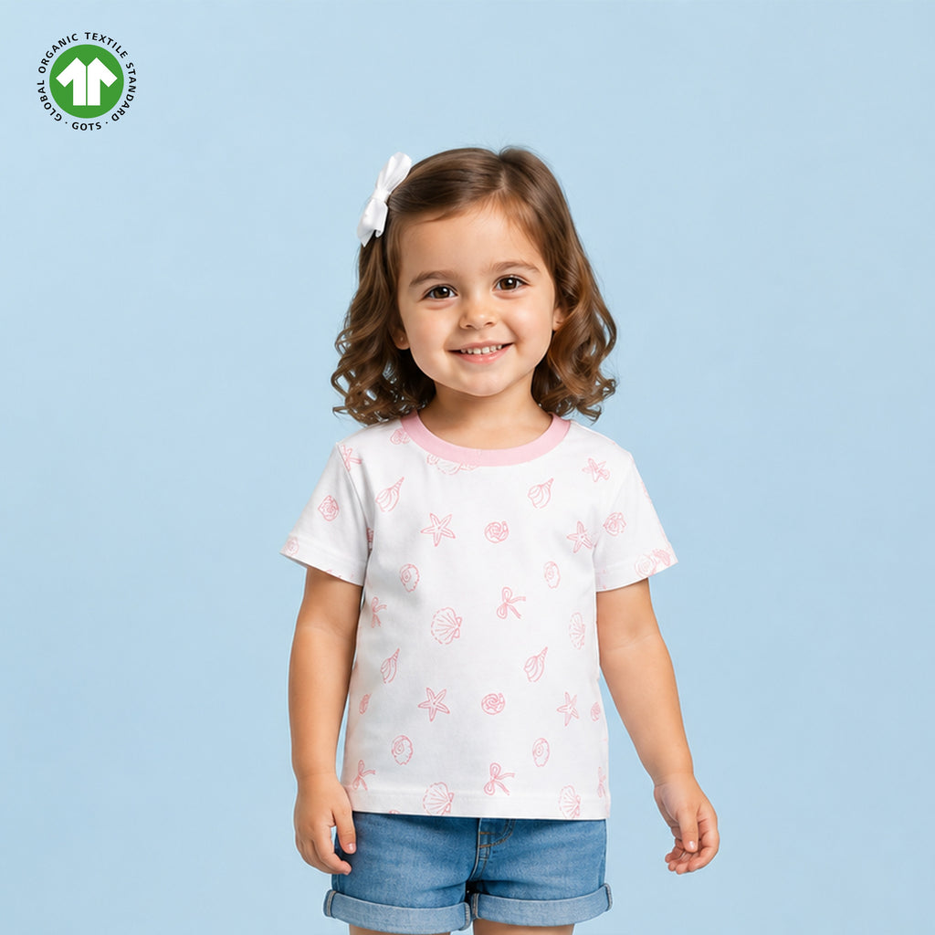 Girls White Organic Cotton Round Neck Sea Shell Print T-Shirt