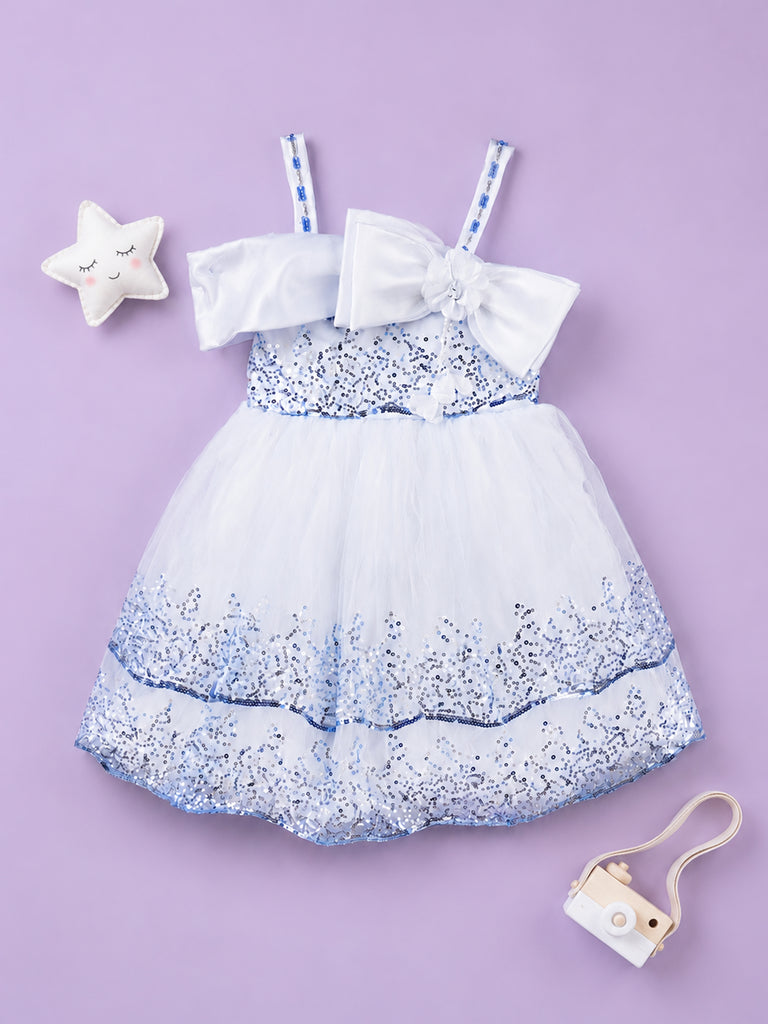 Girls Blue Partywear Frock – Sequin Embellished Bow Detail Dress