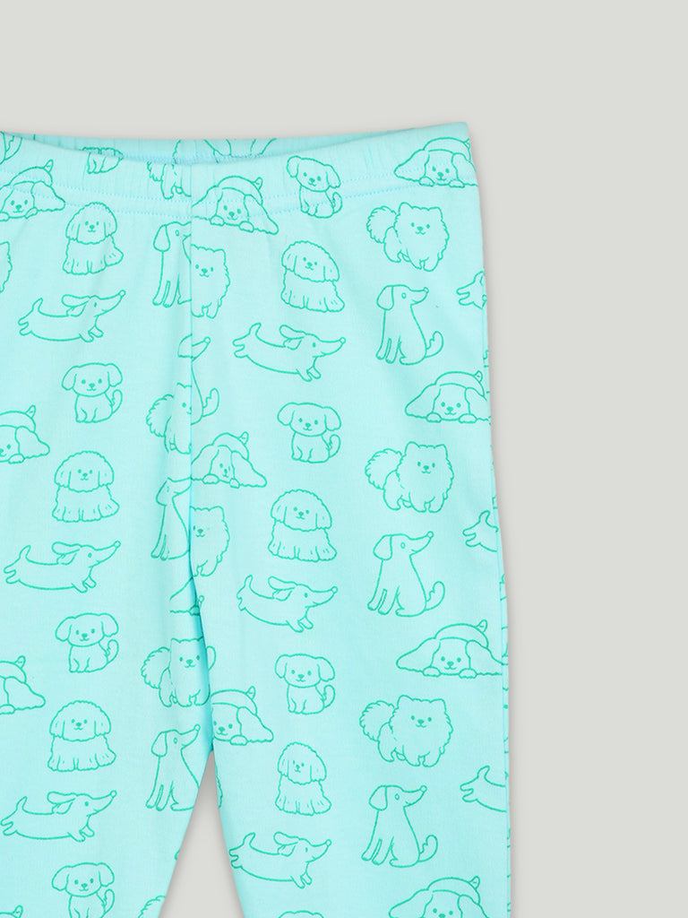 Organic Cotton Unisex Baby Co-ord Set – Soft Breathable Aqua Blue Dog Print Full Sleeve T-shirt & Pyjama for Infants