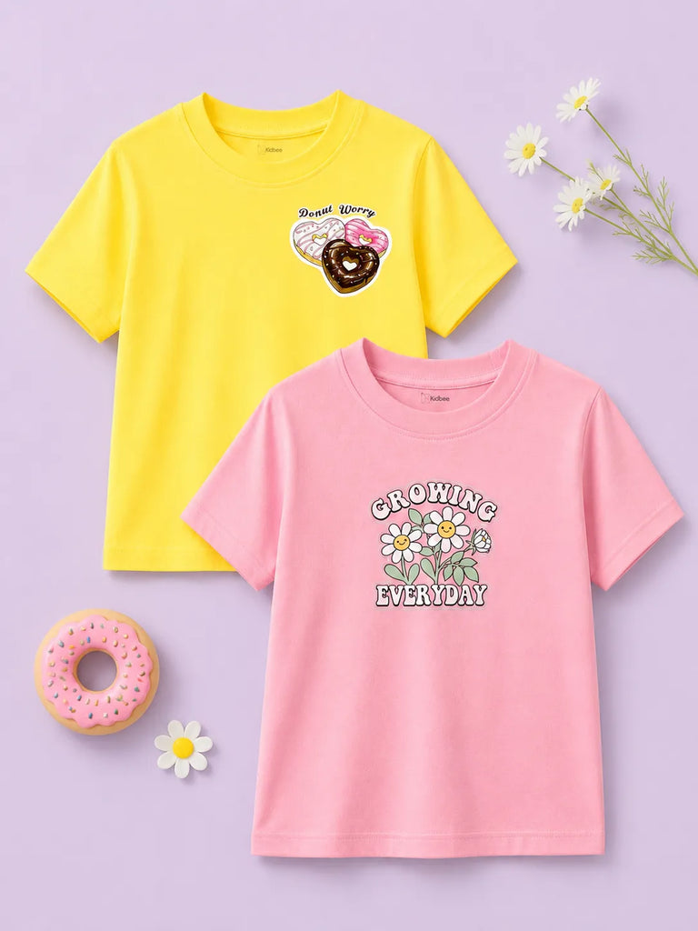 Bamboo Fabric Girls Half Sleeve T-Shirt Pack of 2 – Growing Everyday & Donut Graphic Print Soft Summer Tee Set