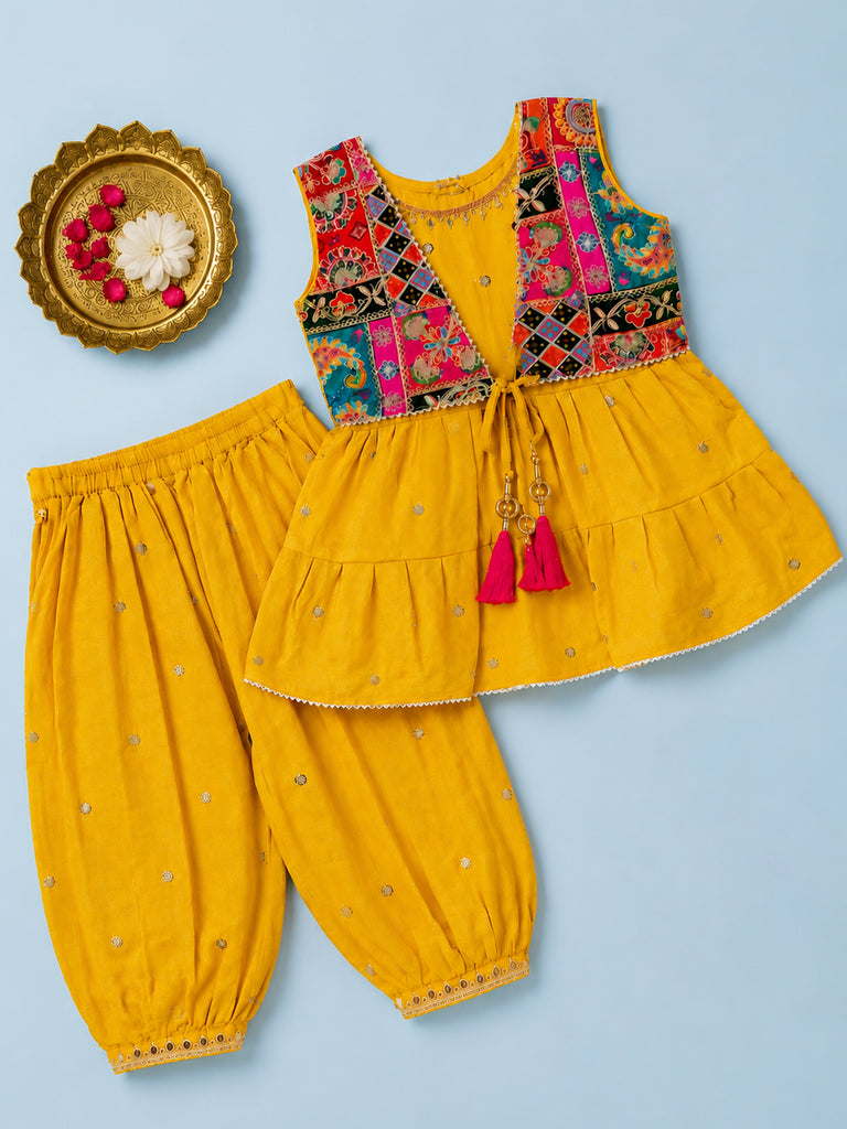 Girls Ethnic Yellow Kurta & Salwar Set – Embroidered Multicolor Jacket Style Festive Wear