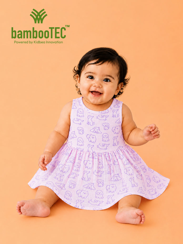 BambooTEC™ Bamboo Muslin Baby Frock – Puppy Parade Print, Soft & Breathable Dress