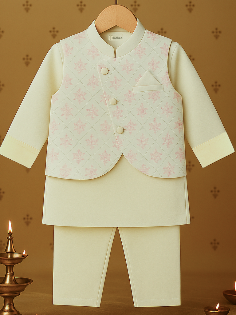 Kidbea Boys Kurta Pajama Set with Asymmetric Embroidered Nehru Jacket | Festive & Ethnic Wear Outfit | Pink