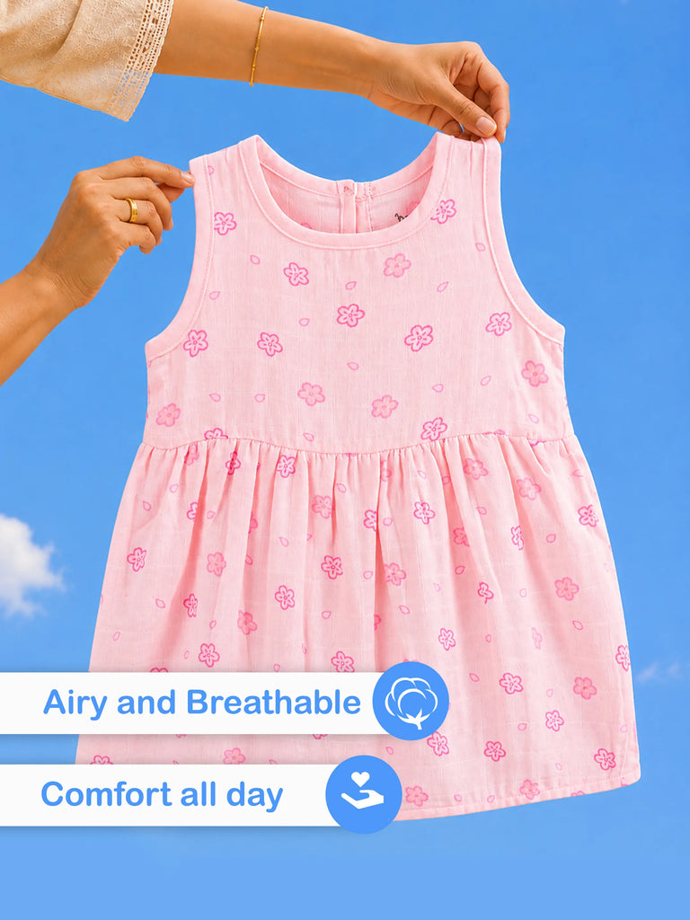 BambooTEC™ Bamboo Muslin Baby Girls Frock Pack of 3 – Frog & Floral, Pink Floral & Ice Cream Star Prints