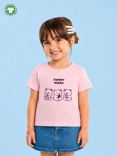 Girls Light Organic Cotton Pink Gummy Bears Round Neck T-Shirt