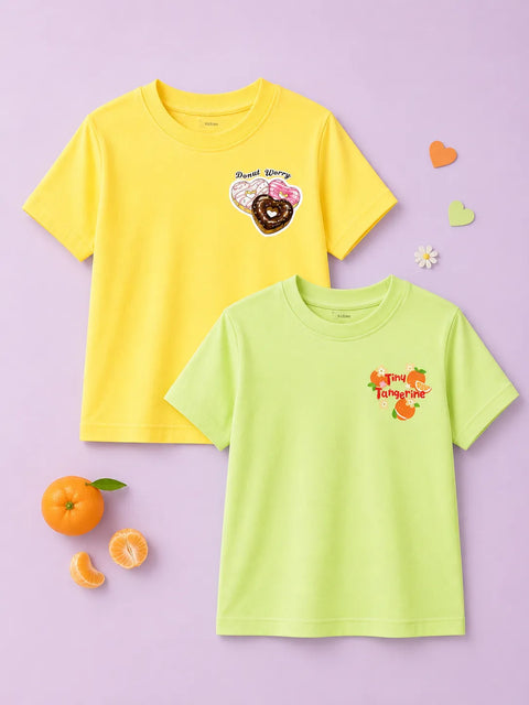 Bamboo Fabric Girls Half Sleeve T-Shirt Pack of 2 – Donut & Tangerine Graphic Print Soft Summer Tee Set