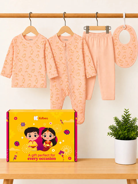 Organic Cotton Baby Gift Set – Bunny Print T-Shirt, Pyjama, Full Romper & Bib for 0–18 Months (4 Piece Set)